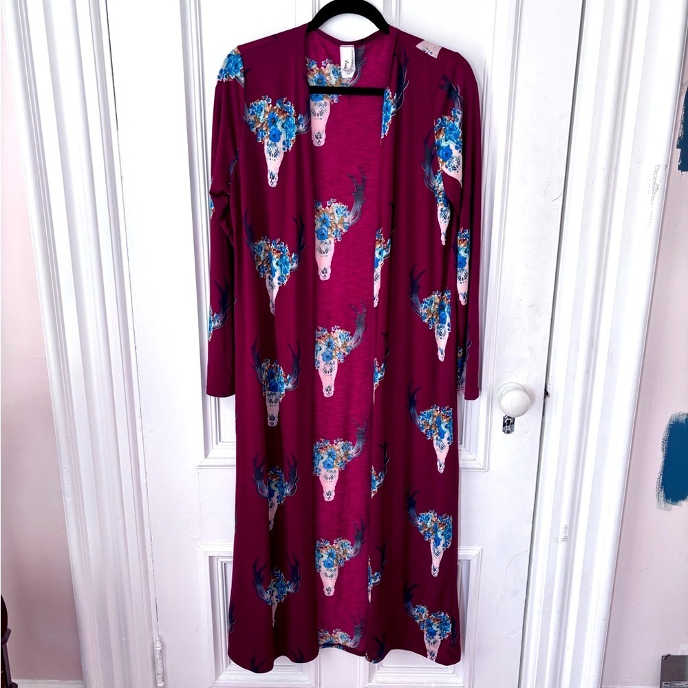 Lovely J Women’s Floral Bull Skull Long Sleeve Kimono/Cardigan Small Boho